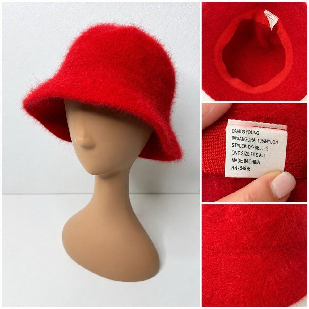 David & Young Red Angora Bucket Hat 90% Angora Fuzzy Soft One Size Dy Bell 2